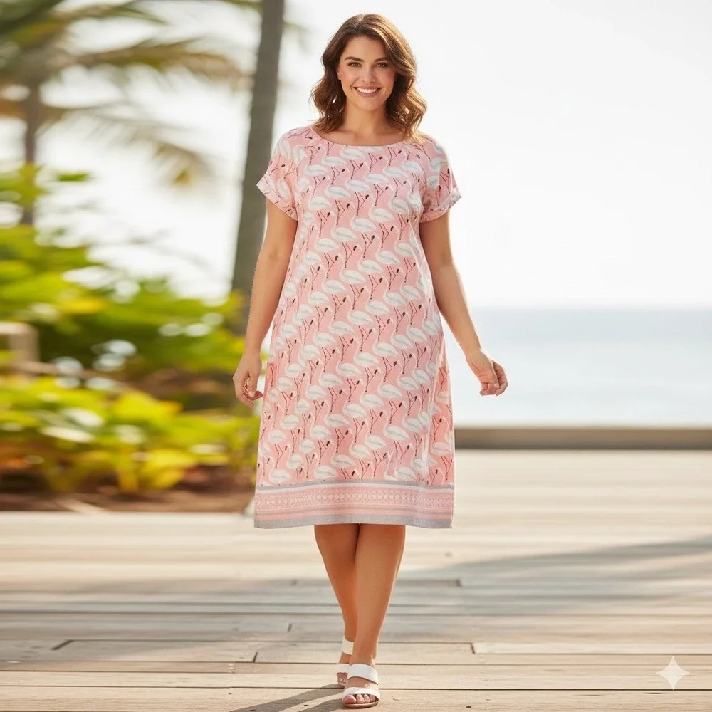 Julian Taylor New York Pink Flamingo Print Knee Length Dress Plus Size 18W Beach